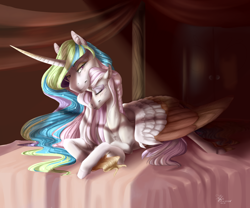 Size: 3000x2500 | Tagged: safe, artist:maxiima, character:fleur-de-lis, character:princess celestia, species:alicorn, species:pony, species:unicorn, ship:fleurestia, bed, chest fluff, cuddling, female, hug, lesbian, mare, neck nuzzle, nuzzling, prone, shipping, winghug