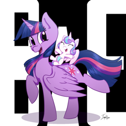 Size: 1024x1024 | Tagged: safe, artist:imaplatypus, character:princess flurry heart, character:twilight sparkle, character:twilight sparkle (alicorn), species:alicorn, species:pony, baby, best aunt ever, diaper, female, foal, mare, ponies riding ponies