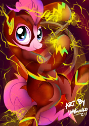 Size: 1024x1453 | Tagged: safe, artist:kumikoponylk, character:pinkie pie, species:pony, crossover, female, lightning, smiling, solo, the flash, watermark