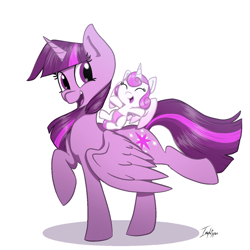 Size: 1350x1350 | Tagged: safe, artist:imaplatypus, edit, character:princess flurry heart, character:twilight sparkle, character:twilight sparkle (alicorn), species:alicorn, species:pony, aunt and niece, baby, best aunt ever, diaper, female, foal, mare, open mouth, ponies riding ponies, simple background, smiling, white background