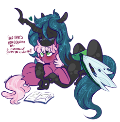 Size: 1200x1217 | Tagged: dead source, safe, artist:soft-arthropod, character:cheerilee, character:queen chrysalis, species:changeling, species:earth pony, species:pony, alternate hairstyle, blushing, cheeribetes, chryslee, crack shipping, cuddling, cute, cutealis, derpyluna daily, dialogue, female, heart, hug, lesbian, mare, missing accessory, prone, shipping, simple background, white background