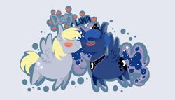 Size: 1280x730 | Tagged: safe, artist:soft-arthropod, character:derpy hooves, character:princess luna, species:pegasus, species:pony, ship:lunaderp, blushing, derpyluna daily, female, floating, lesbian, lineless, mare, nuzzling, pointy ponies, shipping, simple, simple background