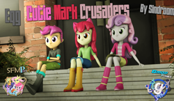 Size: 1787x1036 | Tagged: safe, artist:sindroom, character:apple bloom, character:scootaloo, character:sweetie belle, my little pony:equestria girls, 3d, boots, clothing, cutie mark crusaders, downloadable, gmod, old version, shorts, sitting, source filmmaker
