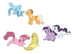 Size: 2350x1725 | Tagged: safe, artist:arcticwaters, character:applejack, character:fluttershy, character:pinkie pie, character:rainbow dash, character:rarity, character:twilight sparkle, character:twilight sparkle (unicorn), species:earth pony, species:pegasus, species:pony, species:unicorn, ship:appledash, ship:flutterpie, ship:rarilight, female, lesbian, mare, shipping