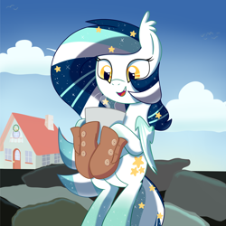 Size: 1612x1611 | Tagged: safe, artist:owlity, oc, oc only, oc:wistful galaxy, species:bat pony, species:pony, beach, boots, building, cloud, coffee, coffee mug, ear fluff, female, gradient hooves, looking down, mare, mug, open mouth, shoes, sky, smiling, solo, uggs