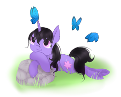 Size: 1280x1024 | Tagged: safe, artist:nutty-stardragon, oc, oc only, oc:blossom star, species:pony, species:unicorn, butterfly, female, grass, mare, prone, rock, simple background, smiling, transparent background
