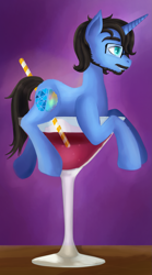 Size: 945x1697 | Tagged: safe, artist:evescintilla, oc, oc only, oc:will o the wisp, species:pony, species:unicorn, alcohol, beard, cocktail pony, cup, cup of pony, drink, facial hair, glass, glasses, male, micro, moustache, simple background, sitting, smiling, stallion, wine, wine glass