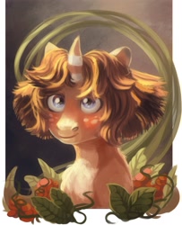 Size: 1249x1535 | Tagged: safe, artist:spirit-alu, oc, oc only, species:pony, species:unicorn, bust, curved horn, freckles, leaves, portrait, smiling, solo