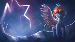 Size: 1920x1080 | Tagged: safe, artist:camyllea, character:rainbow dash, species:pony, alternate timeline, amputee, apocalypse dash, artificial wings, augmented, crying, crystal war timeline, female, flying, lightning, mechanical wing, prosthetic limb, prosthetic wing, prosthetics, rain, solo, wings