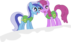 Size: 2906x1733 | Tagged: safe, artist:greseres, character:berry punch, character:berryshine, character:minuette, species:earth pony, species:pony, species:unicorn, episode:winter wrap up, g4, my little pony: friendship is magic, background pony, duo, female, mare, plant team, ponies standing next to each other, simple background, snow, transparent background, vector, winter wrap up vest