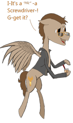 Size: 985x1660 | Tagged: safe, artist:the claud, derpibooru original, oc, oc only, oc:toffee scotch, species:pegasus, species:pony, accessories, alcohol, bad joke, bad pun, clothing, drunk, glasses, jacket, pun, request, screwdriver, simple background, solo, sunglasses, transparent background