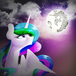 Size: 1000x1000 | Tagged: safe, artist:atomic8497, character:princess celestia, species:pony, cloud, crying, female, mare in the moon, moon, night, sad, solo