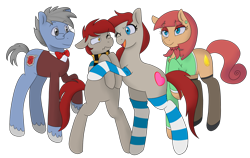 Size: 1280x811 | Tagged: safe, artist:liziedoodle, oc, oc only, oc:firetorch, oc:ponepony, oc:scarlet topaz, oc:silvershield, species:pony, annoyed, ascot, bow tie, chest fluff, clothing, commission, ear piercing, earring, eyeshadow, family photo, glasses, hug, jewelry, makeup, piercing, scarf, sibling teasing, simple background, socks, stockings, striped socks, sweater vest, thigh highs, transparent background, unshorn fetlocks