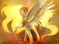 Size: 1024x768 | Tagged: safe, artist:nutty-stardragon, character:daybreaker, character:princess celestia, species:alicorn, species:pony, episode:a royal problem, g4, my little pony: friendship is magic, female, glowing horn, helmet, hoof shoes, looking at you, mare, raised hoof, smiling, solo