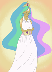 Size: 1449x2008 | Tagged: safe, artist:ac-drawings, artist:mousathe14, character:princess celestia, species:human, askthemanesix, color, female, gradient background, hair over one eye, humanized, moderate dark skin, princess, solo, tanlestia