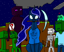 Size: 1371x1106 | Tagged: safe, artist:large-rarge, character:princess luna, species:pony, gamer luna, clothing, crossover, minecraft, pickaxe, scary eyes, shirt, t-shirt