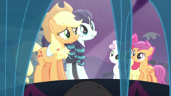 Size: 1280x720 | Tagged: safe, artist:charleston-and-itchy, edit, edited screencap, screencap, character:apple bloom, character:applejack, character:coloratura, character:queen chrysalis, character:scootaloo, character:sweetie belle, episode:the mane attraction, g4, my little pony: friendship is magic, cutie mark crusaders, female, female pov, offscreen character, pov, rara, this will end in tears and/or death, we are going to hell