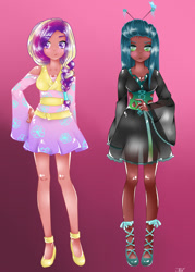 Size: 900x1259 | Tagged: safe, artist:nevera573, character:princess cadance, character:queen chrysalis, species:human, alternate hairstyle, clothing, colored pupils, dark skin, duo, female, gradient background, humanized, kimono minidress, looking at you, minidress, mother, see-through