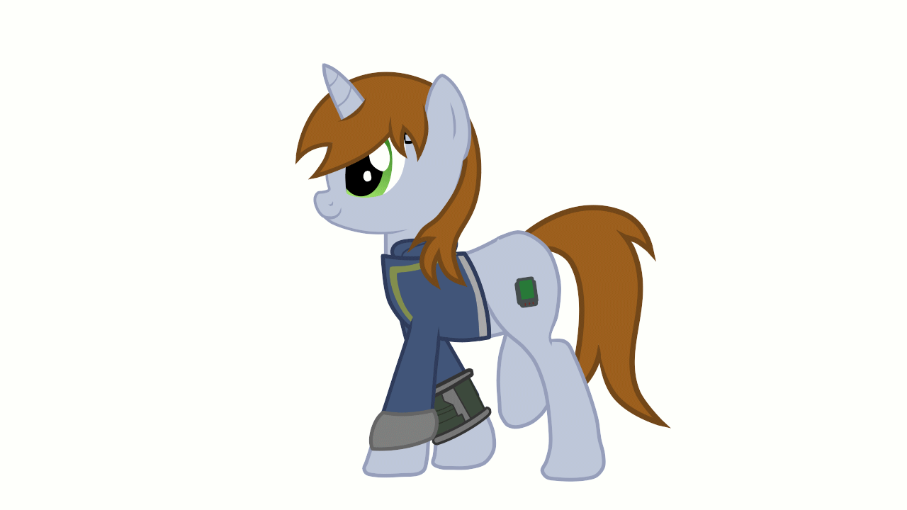 Size: 1280x720 | Tagged: safe, artist:trigger_movies, oc, oc only, oc:littlepip, species:pony, species:unicorn, fallout equestria, animated, clothing, fanfic, fanfic art, female, gif, gift art, mare, pipbuck, simple background, solo, vault suit, walk cycle, walking, white background