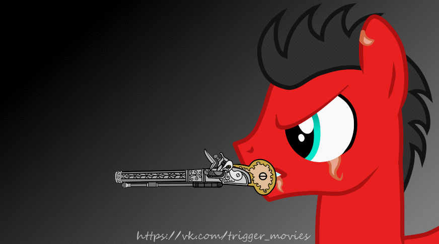 Size: 872x486 | Tagged: safe, artist:trigger_movies, oc, oc only, species:pony, animated, bullet, flintlock, gif, gift art, gun, handgun, male, mouth hold, solo, stallion, weapon