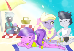 Size: 1300x900 | Tagged: safe, artist:purpleloverpony, character:amethyst star, character:dinky hooves, character:rumble, character:sparkler, character:thunderlane, my little pony:equestria girls, amethystlane, barefoot, beach, equestria girls-ified, feet, female, food, male, moment killer, peanut butter, rumbledink, shipping, straight, summer