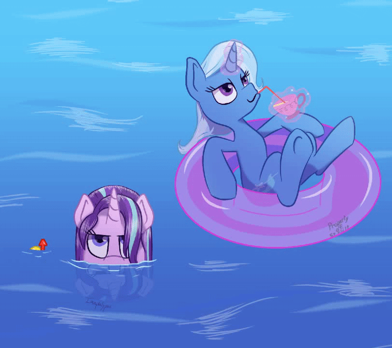 Size: 800x709 | Tagged: safe, artist:imaplatypus, character:starlight glimmer, character:trixie, species:pony, species:unicorn, animated, barely animated, cup, drinking straw, evil grin, female, gif, grin, inner tube, reflection, smiling, straw, teacup, that pony sure does love teacups, this will end in tears, watergun, wet mane