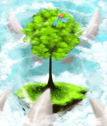 Size: 766x900 | Tagged: safe, artist:moondreamer16, character:rainbow dash, species:pegasus, species:pony, cloud, cloudy, cute, dashabetes, female, floating island, grass, leaves, mare, monster, red eyes, smiling, solo, tree, when you see it