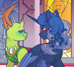 Size: 1149x1029 | Tagged: safe, artist:soft-arthropod, character:princess luna, character:thorax, species:alicorn, species:changeling, species:pony, species:reformed changeling, blushing, female, looking at each other, male, shipping, smiling, straight, thuna, tongue out