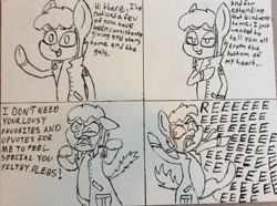 Size: 960x716 | Tagged: safe, artist:unreliable narrator, oc, oc only, oc:noir avery gumshoe, species:pony, angry, bipedal, clothing, comic, derp, dialogue, flailing, floppy ears, lidded eyes, looking at you, open mouth, reeee, simple background, smiling, solo, talking to viewer, thanks, traditional art, trenchcoat, waving, white background, whiteboard