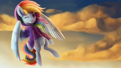 Size: 3840x2160 | Tagged: safe, artist:camyllea, character:rainbow dash, species:pegasus, species:pony, clothing, cloud, cute, dashabetes, female, flying, hoodie, looking at you, mare, multicolored hair, one eye closed, sky, smiling, solo, wink