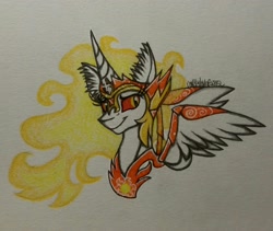 Size: 2334x1972 | Tagged: safe, artist:raritylover152, character:daybreaker, character:princess celestia, species:alicorn, species:pony, episode:a royal problem, g4, my little pony: friendship is magic, ear fluff, female, helmet, mare, simple background, smiling, solo, traditional art, white background