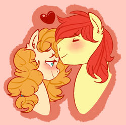 Size: 1024x1011 | Tagged: dead source, safe, artist:soft-arthropod, character:bright mac, character:pear butter, species:earth pony, species:pony, ship:brightbutter, episode:the perfect pear, g4, my little pony: friendship is magic, blushing, cute, female, heart, husband and wife, male, mare, shipping, stallion, straight
