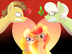 Size: 4000x3000 | Tagged: safe, artist:itssopanda, character:bright mac, character:grand pear, character:granny smith, character:pear butter, species:pony, ship:brightbutter, episode:the perfect pear, g4, my little pony: friendship is magic, cross-popping veins, enemies, father and daughter, female, male, mother and child, mother and son, shipping, straight, young grand pear, young granny smith, younger