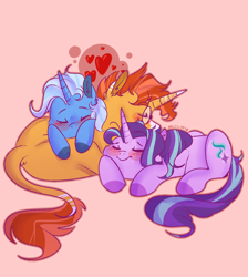 Size: 1024x1142 | Tagged: dead source, safe, artist:soft-arthropod, character:starlight glimmer, character:sunburst, character:trixie, species:classical unicorn, species:pony, species:unicorn, ship:startrixburst, bisexual, cloven hooves, cuddle puddle, cuddling, ear fluff, eyes closed, female, heart, leaning, leonine tail, lesbian, male, mare, on side, on top, pink background, polyamory, pony pile, prone, shipping, simple background, sleeping, smiling, stallion, straight, sunburst gets all the mares, unshorn fetlocks