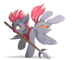 Size: 1800x1466 | Tagged: safe, artist:n_thing, oc, oc only, species:pegasus, species:pony, armor, helmet, male, mouth hold, solo, spear, spread wings, stallion, weapon, wings