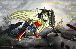 Size: 2460x1600 | Tagged: safe, artist:dangercloseart, species:pegasus, species:pony, spoilers for another series, armor, armor skirt, barbed wire, bipedal, biplane, boots, bullet, clothing, gritted teeth, no man's land, ponified, shield, shoes, skirt, solo, wonder woman, world war i