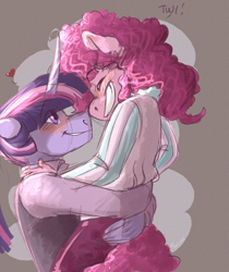 Size: 2000x2380 | Tagged: safe, artist:maxiima, character:pinkie pie, character:twilight sparkle, species:anthro, species:earth pony, species:unicorn, ship:twinkie, g4, abstract background, blushing, clothing, dialogue, eyebrows, eyebrows visible through hair, female, happy, heart, high res, hug, lesbian, mare, profile, shipping, signature, simple background, smiling