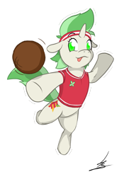 Size: 1267x1881 | Tagged: safe, artist:hardlugia, oc, oc only, oc:lucky seven, species:pony, ball, cutie mark, green eyes, green mane, headband, jumping, mid-air, red team, simple background, sports, sporty style, sticker, transparent background, white coat