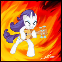 Size: 3000x3000 | Tagged: safe, artist:hardlugia, character:rarity, species:pony, species:unicorn, episode:honest apple, g4, my little pony: friendship is magic, anatomically incorrect, angry, blue eyes, cutie mark, eyelashes, female, fire, guitar, guitarity, incorrect leg anatomy, makeup, metal, music, musical instrument, purple mane, rock, shred, solo, standing, strings, white coat