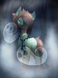 Size: 900x1200 | Tagged: safe, artist:nutty-stardragon, oc, oc only, oc:spectra, species:pony, evil grin, female, forest, ghost, grin, looking at you, mare, smiling, solo, tree