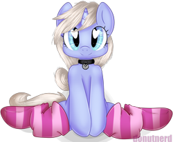 Size: 2000x1651 | Tagged: safe, artist:donutnerd, oc, oc only, oc:moonbow, species:pony, species:unicorn, clothing, collar, cute, heart eyes, kneeling, pet play, pet tag, simple background, socks, solo, striped socks, transparent background, wingding eyes