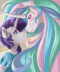 Size: 2500x3000 | Tagged: safe, artist:maxiima, character:princess celestia, character:rarity, species:pony, ship:rarilestia, blushing, clothing, dress, female, horns are touching, lesbian, nuzzling, shipping, smiling