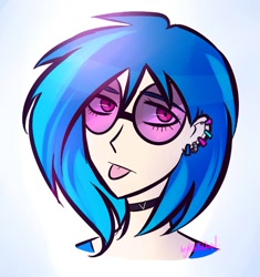 Size: 1049x1114 | Tagged: safe, artist:katedoof, character:dj pon-3, character:vinyl scratch, species:human, bust, choker, ear piercing, earring, female, gradient background, humanized, jewelry, piercing, portrait, solo, sunglasses, tongue out