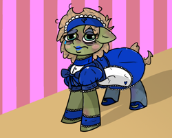 Size: 1000x802 | Tagged: safe, artist:n-o-n, oc, oc only, oc:dusty dream, species:pony, apron, bags under eyes, blue, clothing, colored, crying, exploitable meme, female, heart, lipstick, maid, make it happen, makeup, meme, room, solo