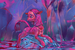 Size: 1500x1000 | Tagged: safe, artist:kvernikovskiy, character:pinkamena diane pie, character:pinkie pie, species:earth pony, species:pony, blood, cave, female, looking at something, mare, prone, solo