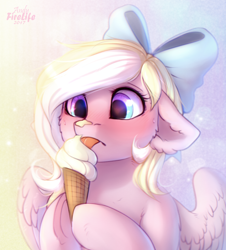 Size: 1050x1160 | Tagged: safe, artist:andyfirelife, oc, oc only, oc:bay breeze, species:pegasus, species:pony, abstract background, blushing, bow, cheek fluff, commission, cute, ear fluff, eating, female, fluffy, food, gradient eyes, hair bow, hoof hold, ice cream, ice cream cone, licking, mare, ocbetes, shoulder fluff, solo, tongue out, ych result