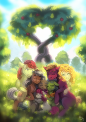 Size: 2480x3508 | Tagged: safe, artist:spirit-alu, character:apple bloom, character:applejack, character:big mcintosh, character:bright mac, character:grand pear, character:granny smith, character:pear butter, species:earth pony, species:pony, ship:brightbutter, episode:the perfect pear, g4, my little pony: friendship is magic, apple family, apple siblings, apple sisters, brother and sister, father and daughter, father and son, father and son-in-law, female, filly, ghost, grandfather and grandchild, grandfather and granddaughter, grandfather and grandson, grandmother, grandmother and grandchild, grandmother and granddaughter, grandmother and grandson, group hug, hug, husband and wife, intertwined trees, leaves, male, mare, mother and child, mother and daughter, mother and daughter-in-law, mother and son, shipping, siblings, sisters, smiling, stallion, straight, the whole apple family, tree, wall of tags