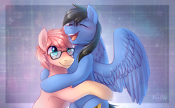 Size: 1300x800 | Tagged: safe, artist:andyfirelife, oc, oc only, oc:jettrax, oc:peachy socks, species:earth pony, species:pegasus, species:pony, g4, abstract background, blushing, ear fluff, earth pony oc, eyes closed, freckles, gay, glasses, happy, hug, male, open mouth, pegasus oc, signature, smiling, spread wings, stallion, three quarter view, wings