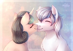 Size: 1300x900 | Tagged: safe, artist:andyfirelife, oc, oc only, species:earth pony, species:pony, species:unicorn, blushing, cute, female, kissing, male, mare, stallion, straight