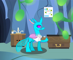Size: 10532x8651 | Tagged: safe, artist:kirbymlp, oc, oc only, oc:sky shade, species:changeling, species:reformed changeling, absurd resolution, cave, changedling oc, changeling hive, changeling oc, clipboard, clothing, cute, cuteling, doctor, doctor's office, hive, lights, professional, scrubs (gear), sink, uniform